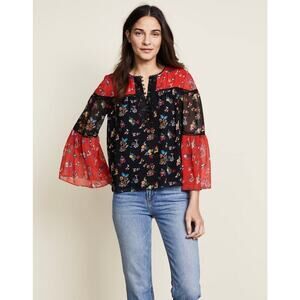 Rebecca Minkoff Black Red Luca Bell Sleeve Top Size S